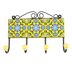 Yellow Base Turquoise Sunflower Ceramic Tile Hook
