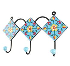 Turquoise Floral Ceramic Tile Hook