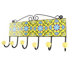 Turquoise Sunflower Ceramic Tile Hook With Yellow Base