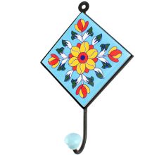 Yellow Flower Ceramic Tile Hook With Turquoise Base 