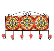 Ceramic Floral Tile Hook in Red 