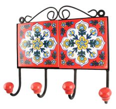 Red Base White Floral Ceramic Tile Hook
