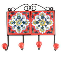 Red Base White Floral Ceramic Tile Hook