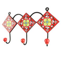 Ceramic Floral Tile Hook in Red Color