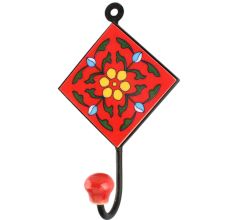 Red With Forest Green Leaf Ceramic Floral Tile Hook