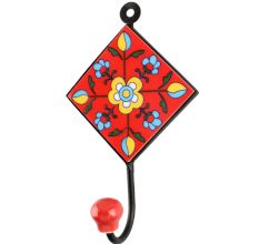 Red Ceramic Floral Tile Wall Hook 
