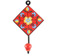 Red Ceramic Floral Tile Wall Hook 