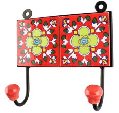 Ceramic Floral Tile Hook in Red