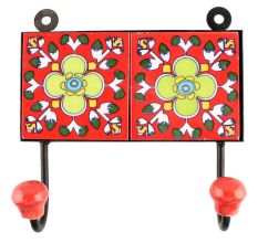 Ceramic Floral Tile Hook in Red
