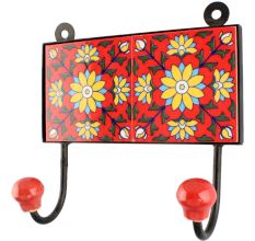 Red  Base Yellow Sunflower Ceramic Tile Hook