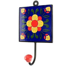 Navy Blue Floral Ceramic Tile Hook