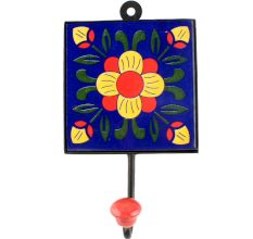 Navy Blue Floral Ceramic Tile Hook
