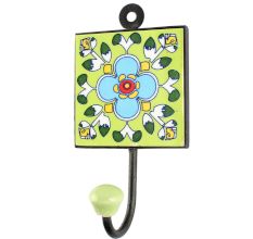 Turquoise Floral Ceramic Tile Hook