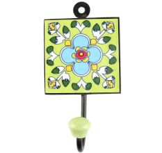 Turquoise Floral Ceramic Tile Hook