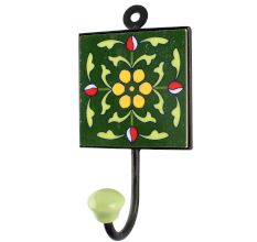 Ceramic Floral Tile Hook in Forest Green