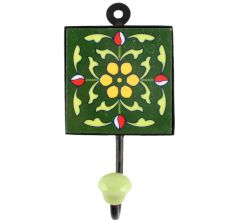 Ceramic Floral Tile Hook in Forest Green