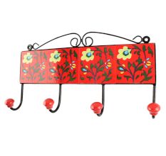 Red With Forest Green Leaf Flower Ceramic Tile Hook