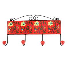 Red With Forest Green Leaf Flower Ceramic Tile Hook