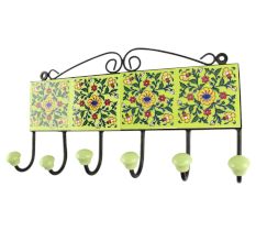 Forest Green Leaf Flower Ceramic Tile Hook in Pea Green Base