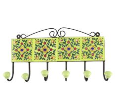 Forest Green Leaf Flower Ceramic Tile Hook in Pea Green Base