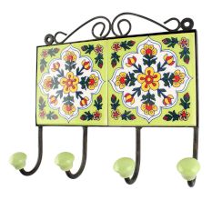 Pea Green With White Floral Ceramic Tile Hook Online