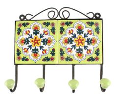 Pea Green With White Floral Ceramic Tile Hook Online