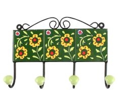 Forest Green Floral Ceramic Tile Hook