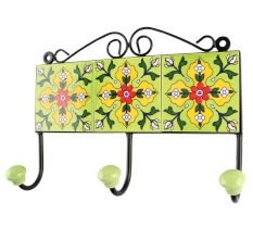 Ceramic Floral Tile Hook in Pea Green