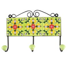 Ceramic Floral Tile Hook in Pea Green