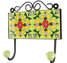 Pea Green With Yellow Flower Ceramic Tile Hook