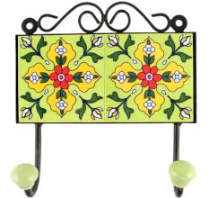 Pea Green With Yellow Flower Ceramic Tile Hook