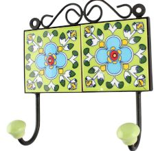 Ceramic Floral Tile hook in Pea Green 