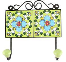 Ceramic Floral Tile hook in Pea Green 