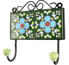 Ceramic Floral Tile Wall Hook in Forest Green