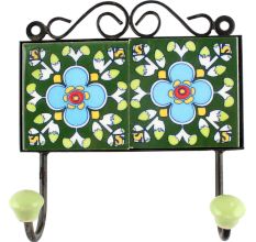 Ceramic Floral Tile Wall Hook in Forest Green