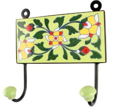 Ceramic Floral Tile Hook in Forest Green Leaf