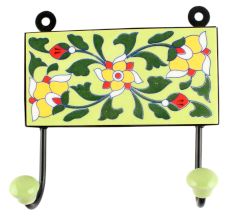 Ceramic Floral Tile Hook in Forest Green Leaf