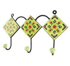 Ceramic Floral Tile Hook in Pea Green