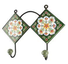 Forest Green With White Floral Ceramic Tile Hook Online