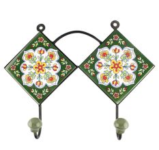 Forest Green With White Floral Ceramic Tile Hook Online
