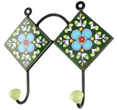 Forest Green Ceramic Floral Tile Hook