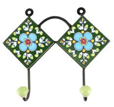 Forest Green Ceramic Floral Tile Hook