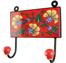 Red With Forest Green Leaf Flower Ceramic Tile Wall Hook