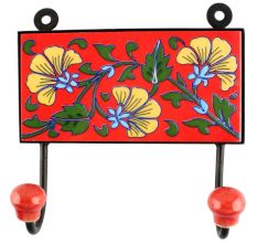 Red With Forest Green Leaf Flower Ceramic Tile Wall Hook