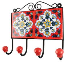 Red With White Floral Ceramic Tile Hook