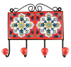 Red With White Floral Ceramic Tile Hook
