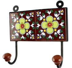 Dark Brown Ceramic Floral Tile Wall Hook