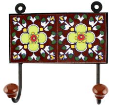 Dark Brown Ceramic Floral Tile Wall Hook