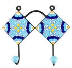 Ceramic Floral Tile Hook in Turquoise