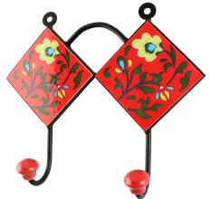 Red With Forest Green Leaf Flower Ceramic Tile Hook
